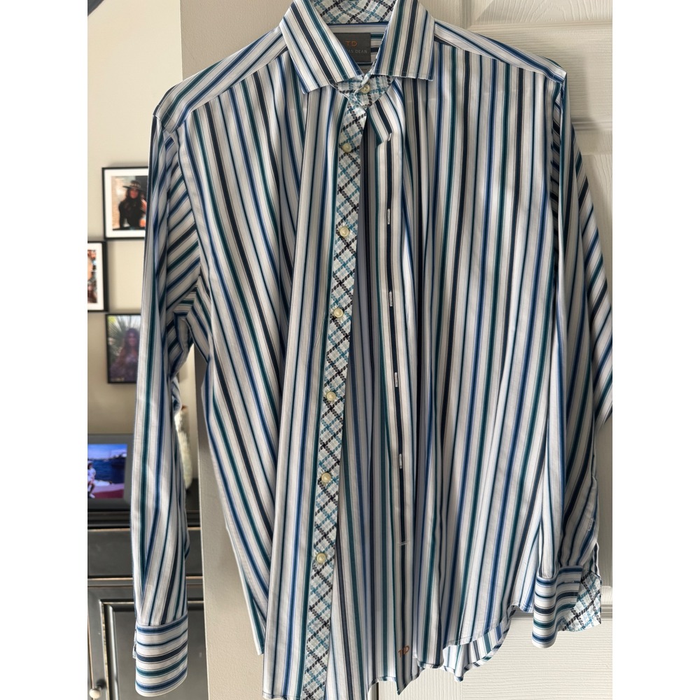 Thomas Dean Mens Pima Cotton Striped Button Down Shirt Blue Teal White Size M